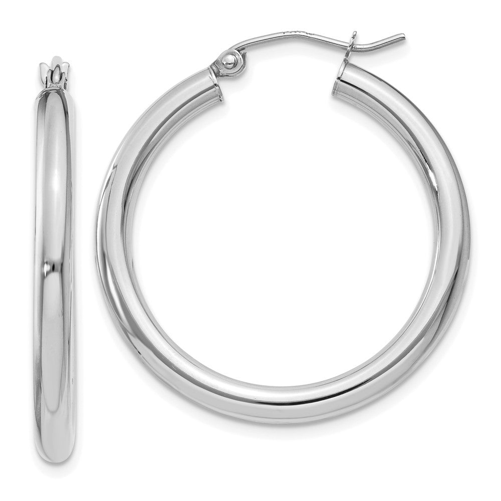10K White Gold Polished 3mm Tube Hoop Earrings, 30 x 3 mm