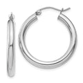 10K White Gold Polished 3mm Tube Hoop Earrings, 25 x 3 mm