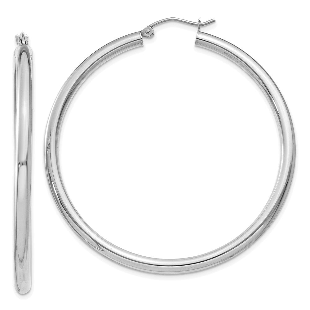 10K White Gold Polished 3mm Tube Hoop Earrings, 45 x 50.86 mm