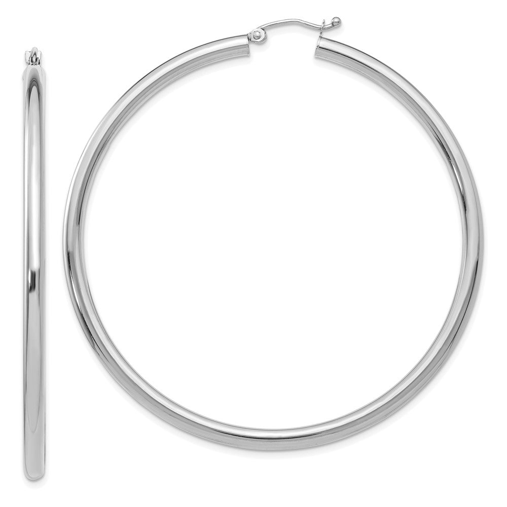 10K White Gold Polished 3mm Tube Hoop Earrings, 55 x 60 mm
