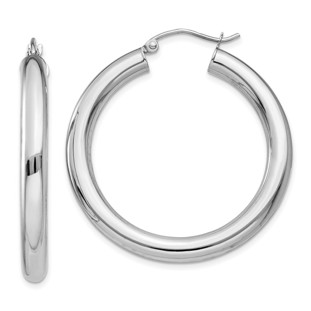 10K White Gold Polished 4mm Tube Hoop Earrings, 35 x 4 mm