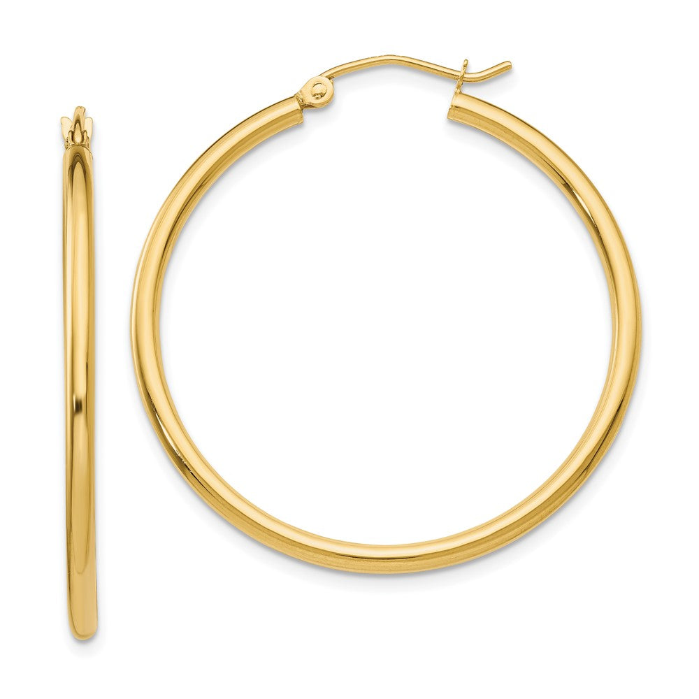 10K Polished 2mm Tube Hoop Earrings, 35 x 2 mm, 1.91 g