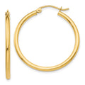 10K Polished 2mm Tube Hoop Earrings, 30 x 2 mm