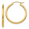 10K Polished 2mm Tube Hoop Earrings, 25 x 2 mm