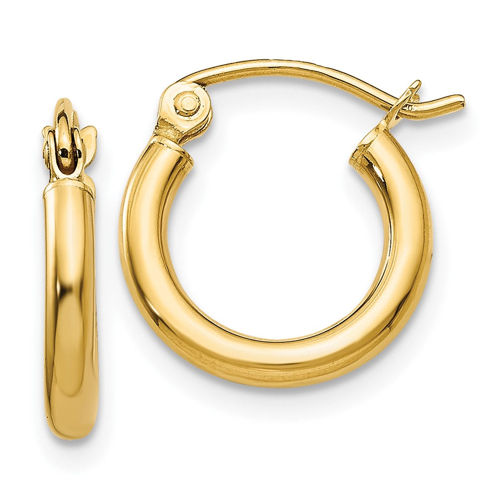 10K Polished 2mm Tube Hoop Earrings, 13 x 2 mm, 0.73 g