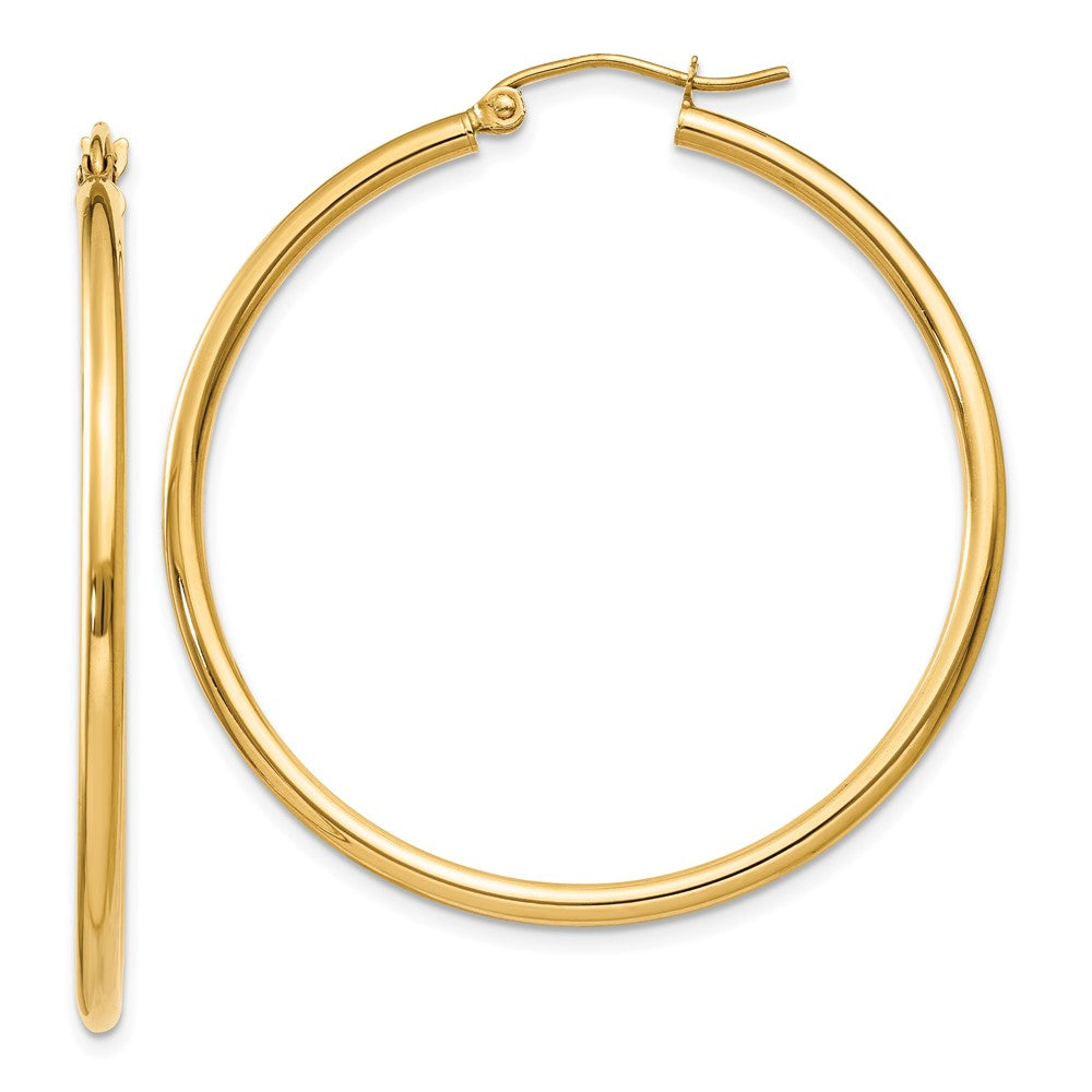 10K Polished 2mm Tube Hoop Earrings, 35 x 2 mm, 2.25 g