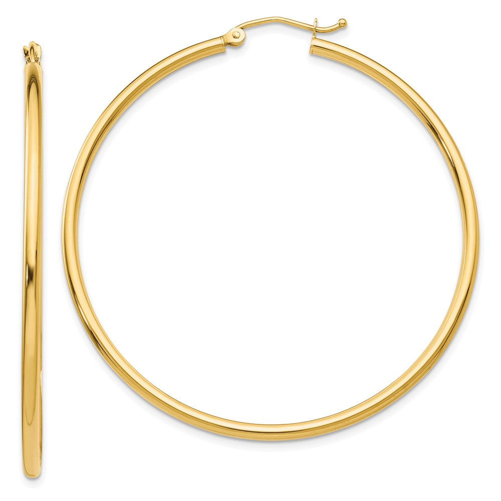 10K Polished 2mm Tube Hoop Earrings, 50 x 2 mm, 2.75 g