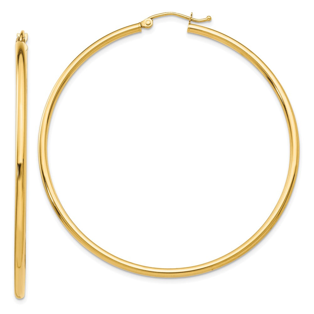 10K Polished 2mm Tube Hoop Earrings, 50 x 2 mm, 3.21 g