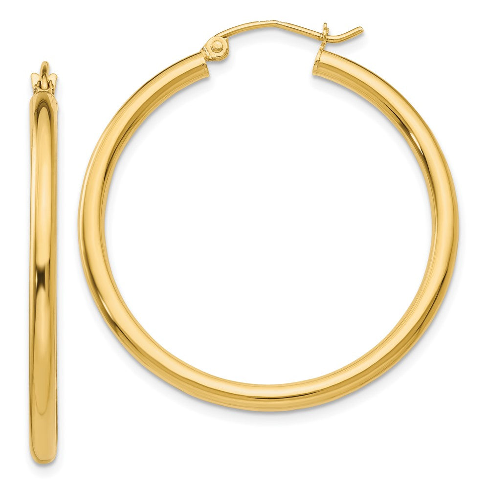 10K Polished 2.5mm Tube Hoop Earrings, 35 x 2.5 mm