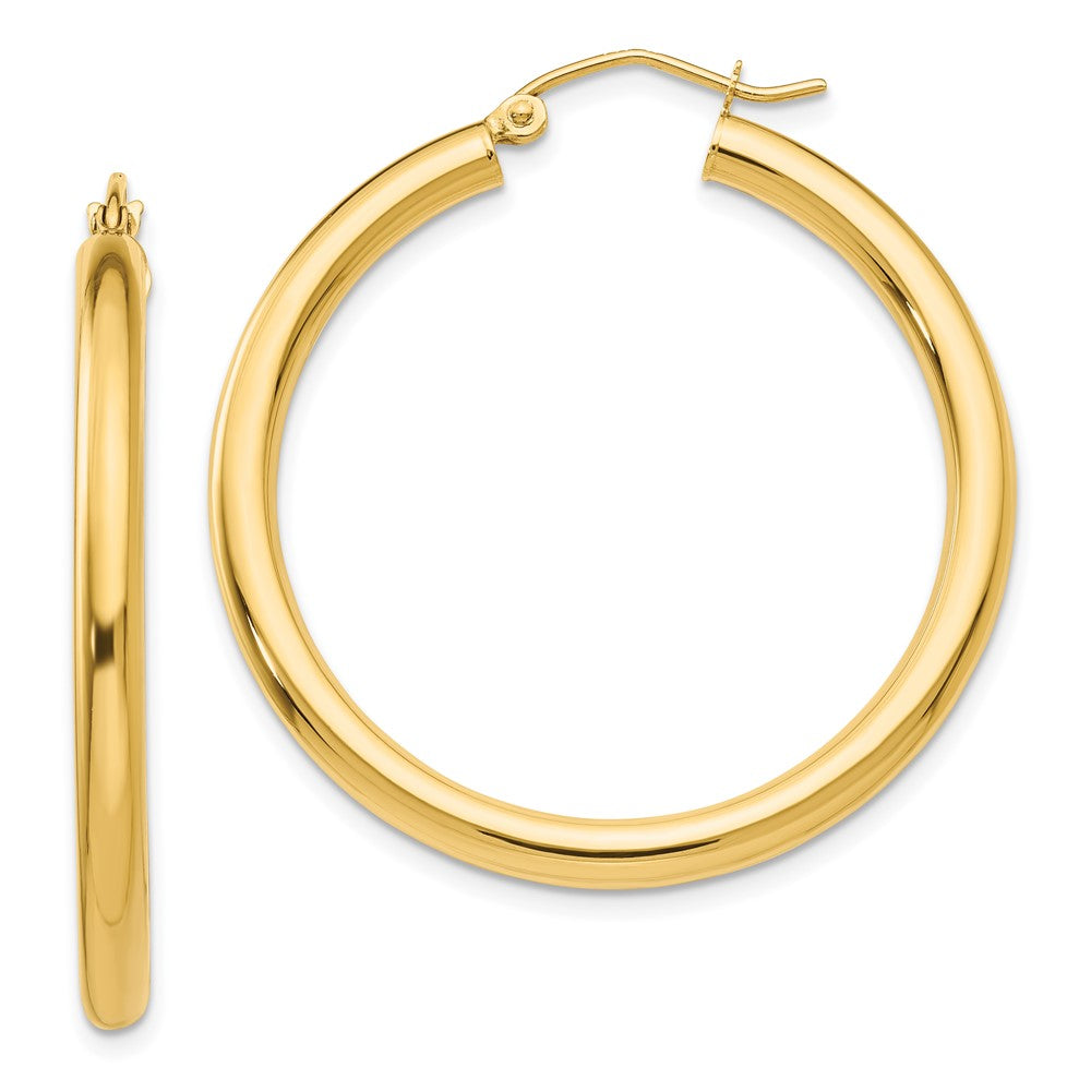 10K Polished 3mm Tube Hoop Earrings, 35 x 3 mm