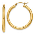10K Polished 3mm Tube Hoop Earrings, 30 x 3 mm