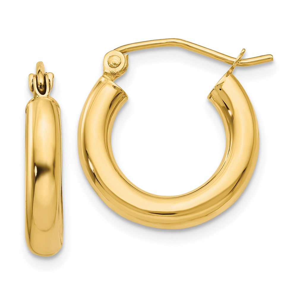 10K Polished 3mm Tube Hoop Earrings, 17 x 3 mm