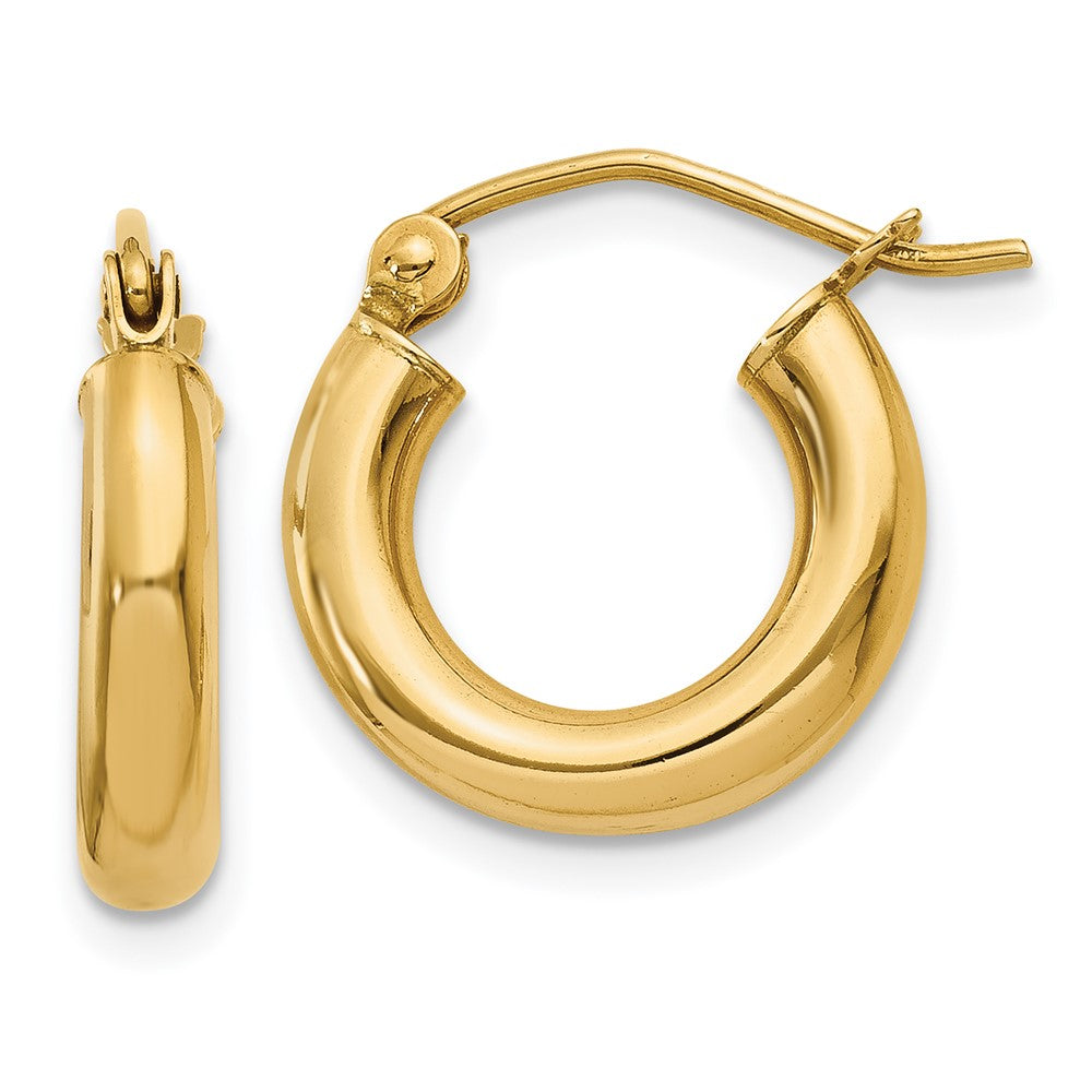 10K Polished 3mm Tube Hoop Earrings, 15 x 3 mm