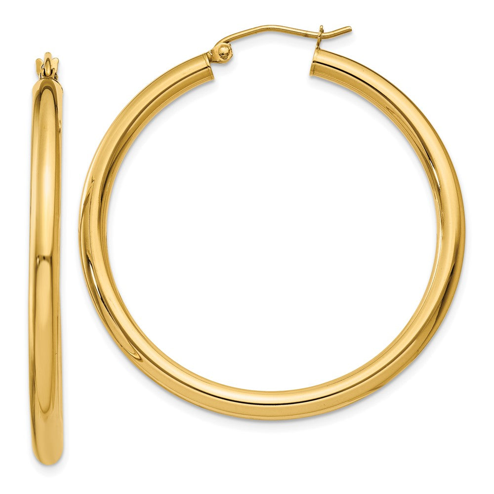 10K Polished 3mm Tube Hoop Earrings, 40 x 3 mm