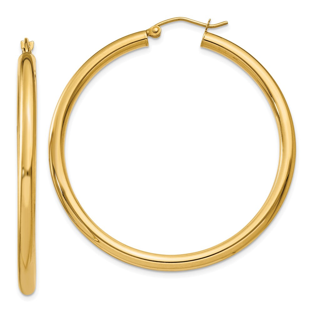 10K Polished 3mm Tube Hoop Earrings, 45 x 3 mm