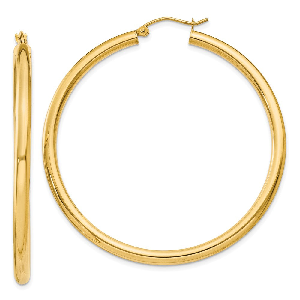 10K Polished 3mm Tube Hoop Earrings, 50 x 3 mm