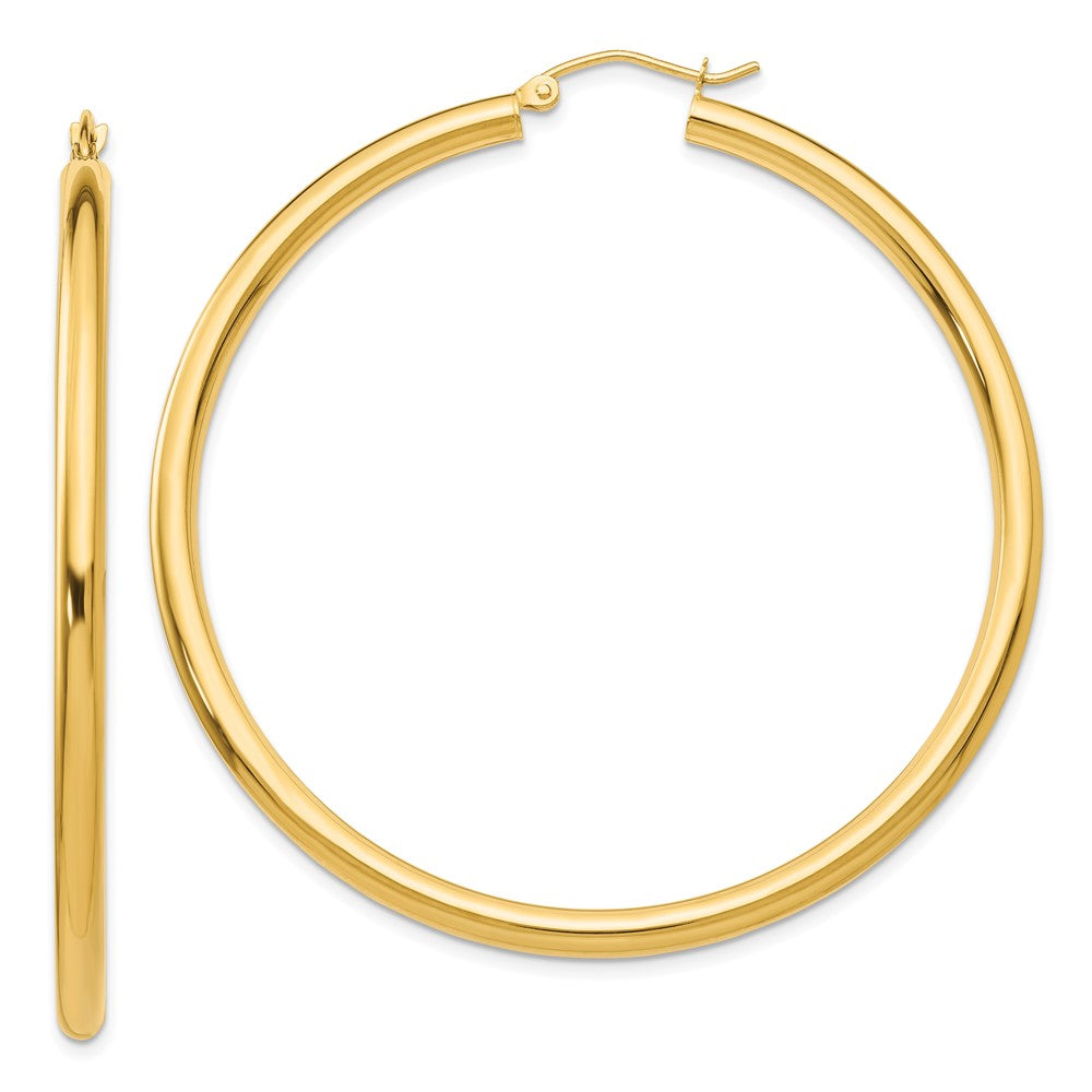 10K Polished 3mm Tube Hoop Earrings, 55 x 3 mm