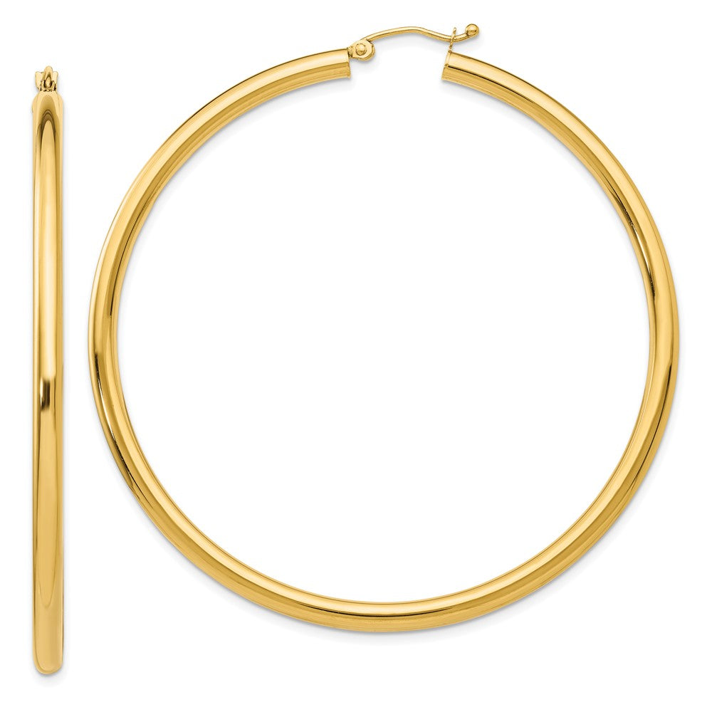 10K Polished 3mm Tube Hoop Earrings, 60 x 3 mm