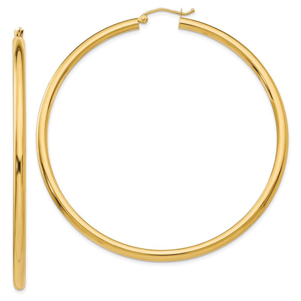 10K Polished 3mm Tube Hoop Earrings, 65 x 3 mm