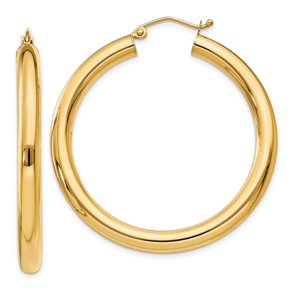 10K Polished 4mm Tube Hoop Earrings, 40 x 4 mm