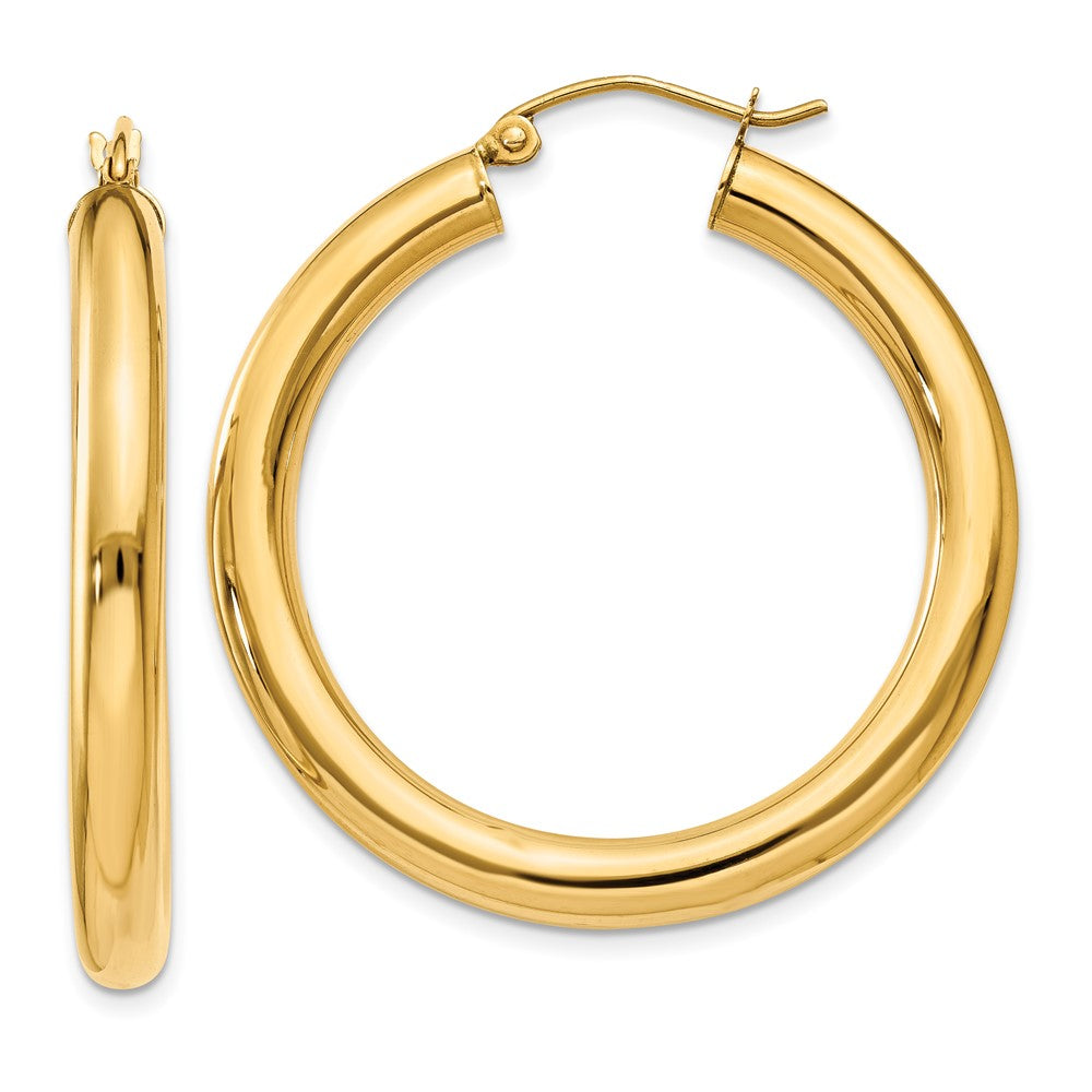 10K Polished 4mm Tube Hoop Earrings, 35 x 4 mm