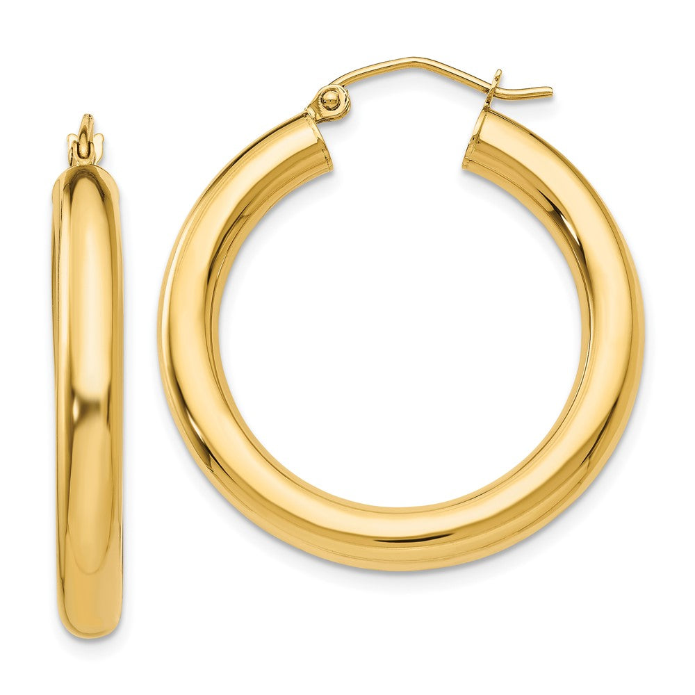 10K Polished 4mm Tube Hoop Earrings, 30 x 4 mm