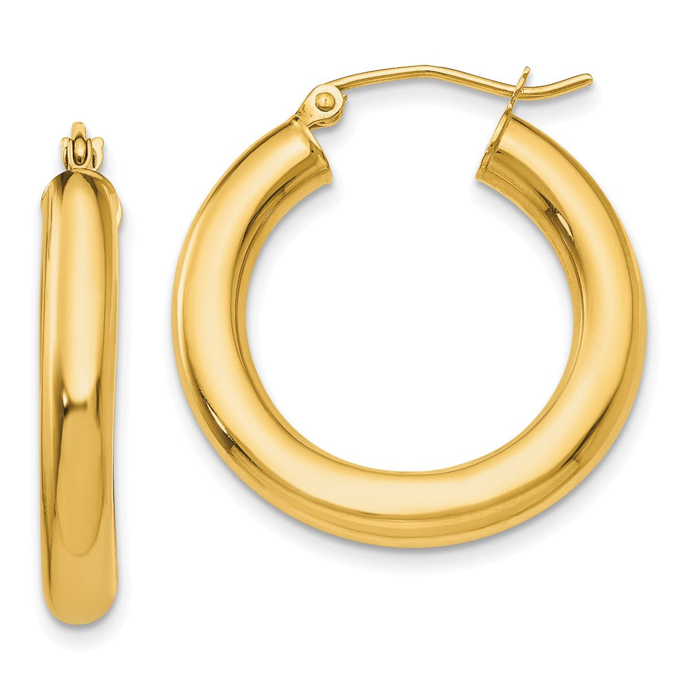 10K Polished 4mm Tube Hoop Earrings, 25 x 4 mm