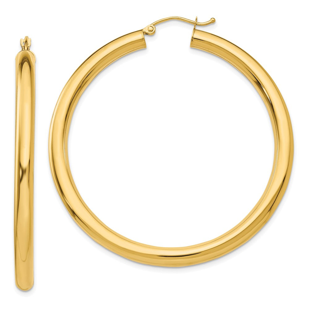 10K Polished 4mm Tube Hoop Earrings, 50 x 4 mm