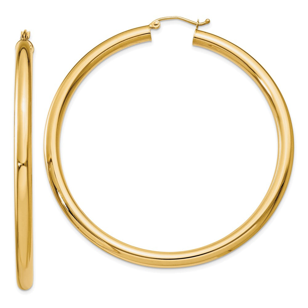 10K Polished 4mm Tube Hoop Earrings, 60 x 4 mm