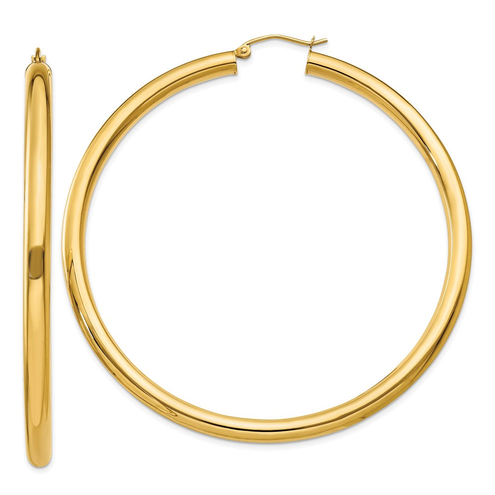 10K Polished 4mm Tube Hoop Earrings, 65 x 4 mm