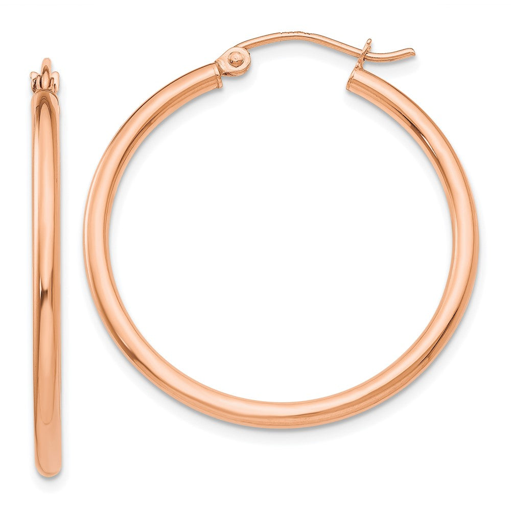 10K Rose Gold Polished 2mm Tube Hoop Earrings, 30 x 2 mm