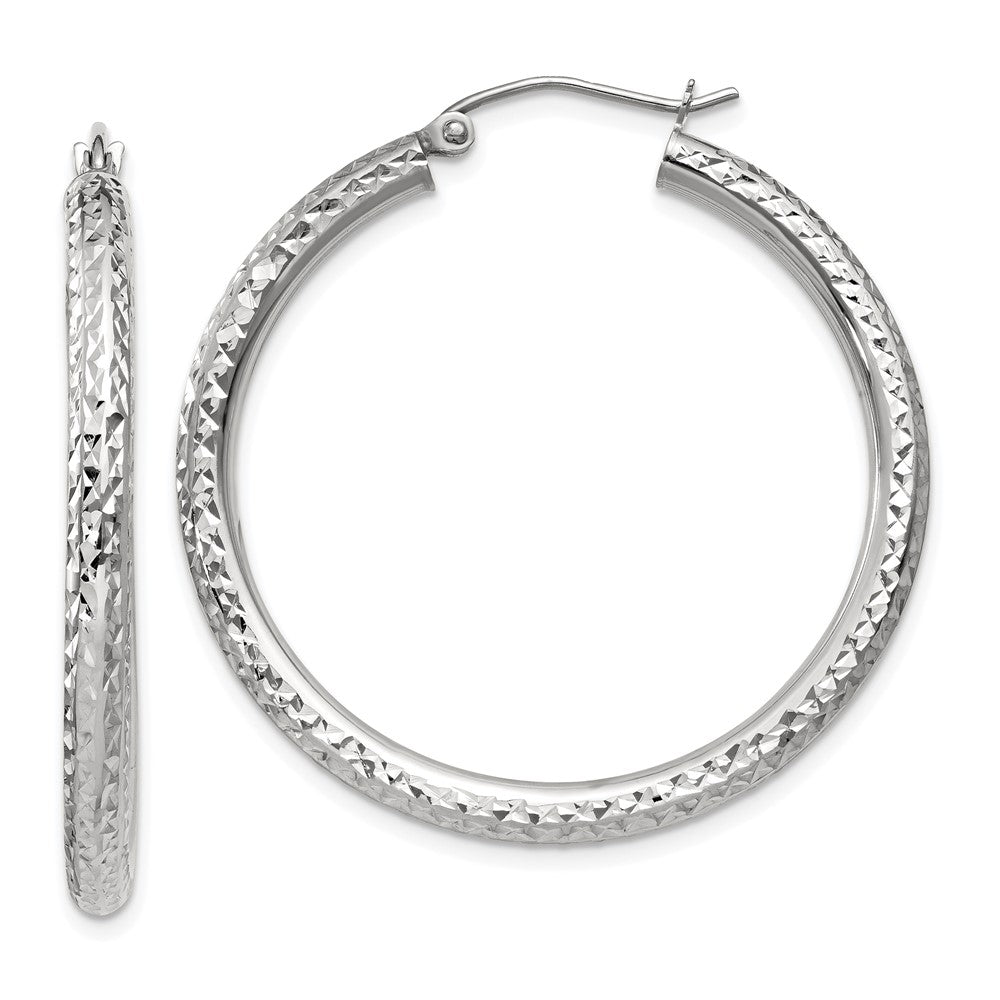 10k White Gold Diamond-cut 3mm Round Hoop Earrings, 35 x 3 mm