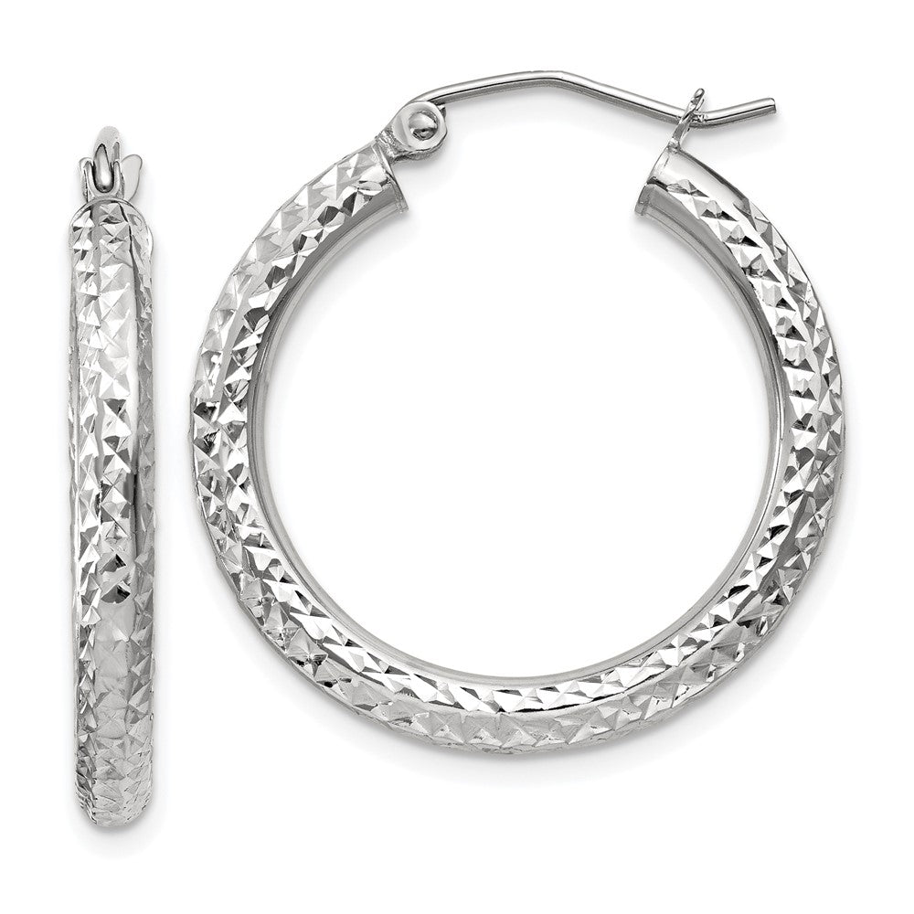 10k White Gold Diamond-cut 3mm Round Hoop Earrings, 25 x 3 mm