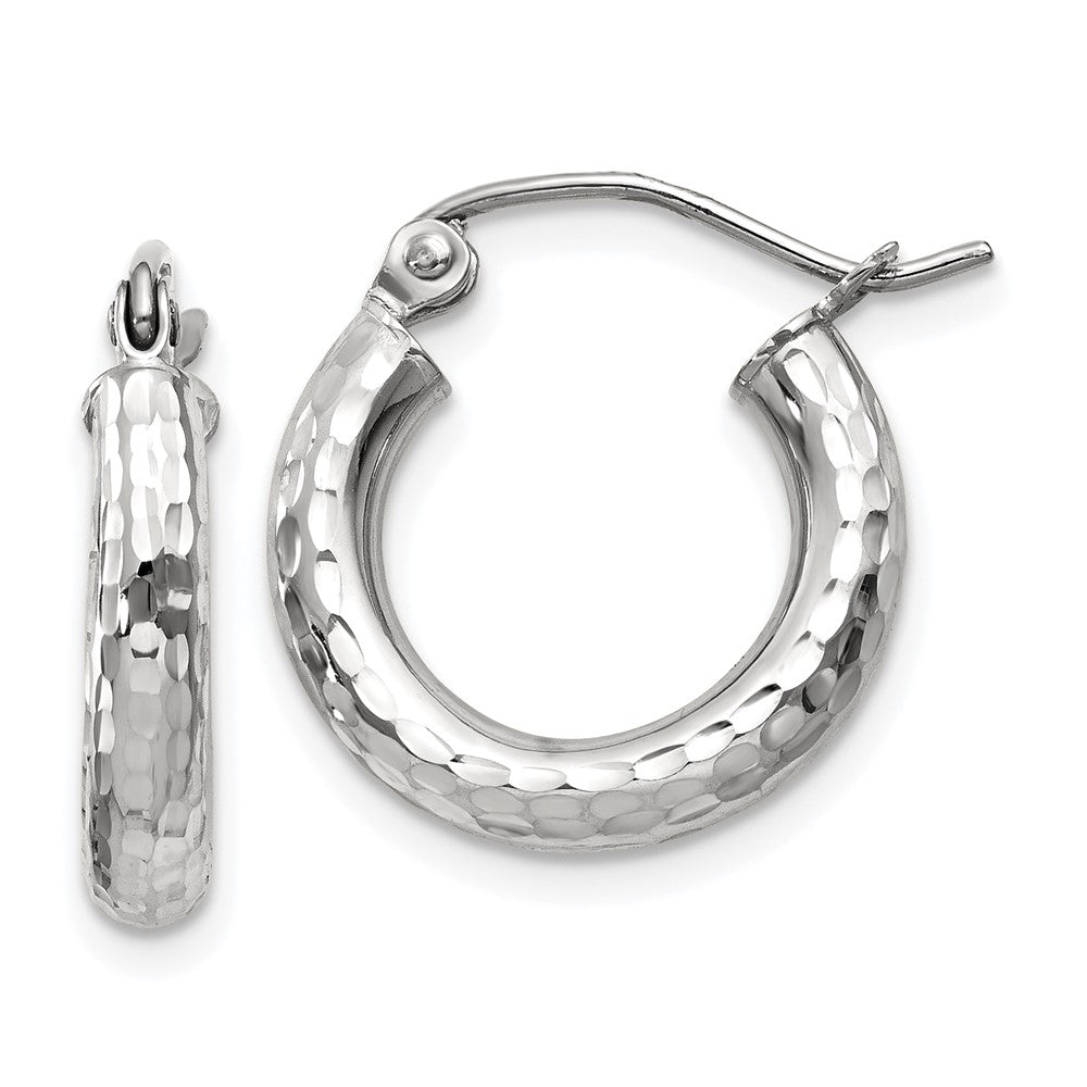 10k White Gold Diamond-cut 3mm Round Hoop Earrings, 15 x 3 mm
