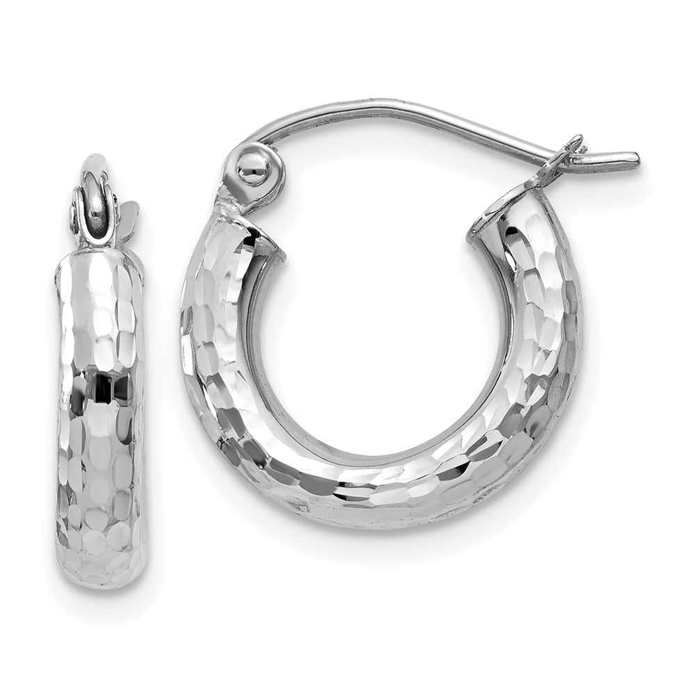 10k White Gold Diamond-cut 3mm Round Hoop Earrings, 13 x 3 mm