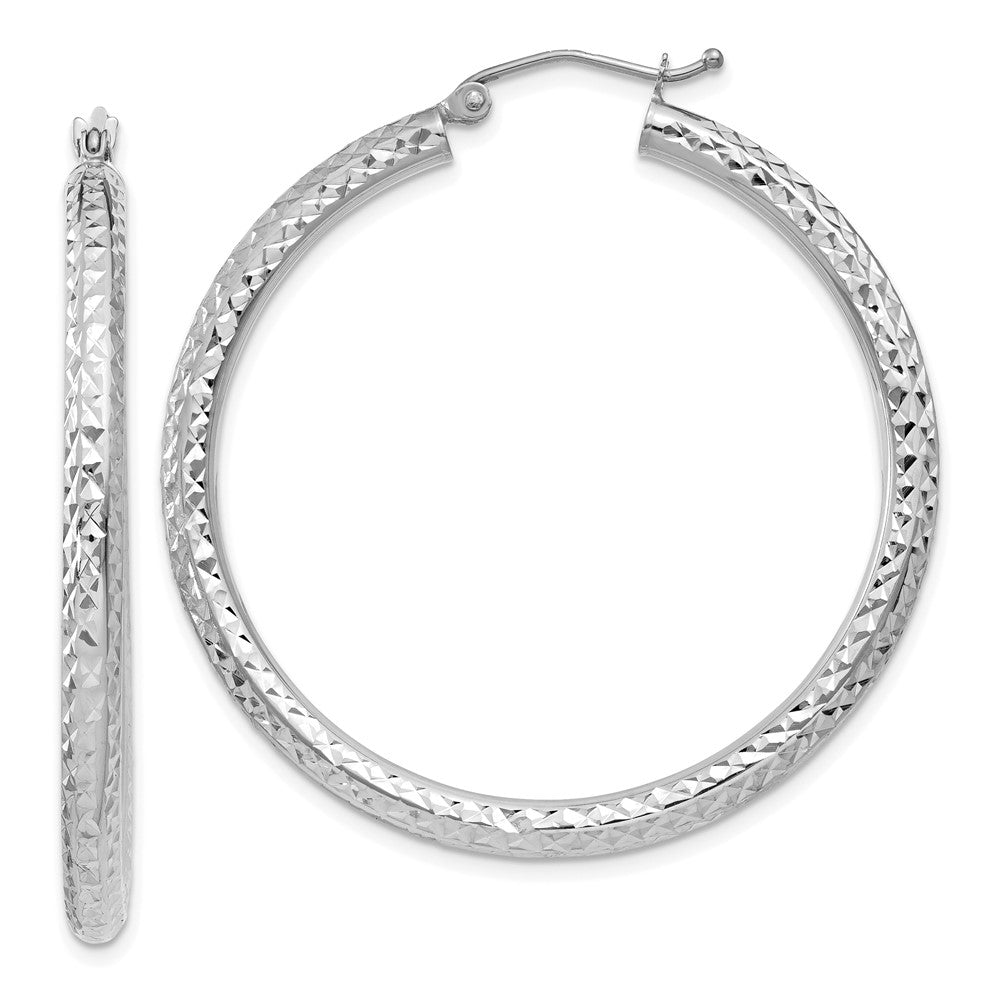 10k White Gold Diamond-cut 3mm Round Hoop Earrings, 40 x 3 mm