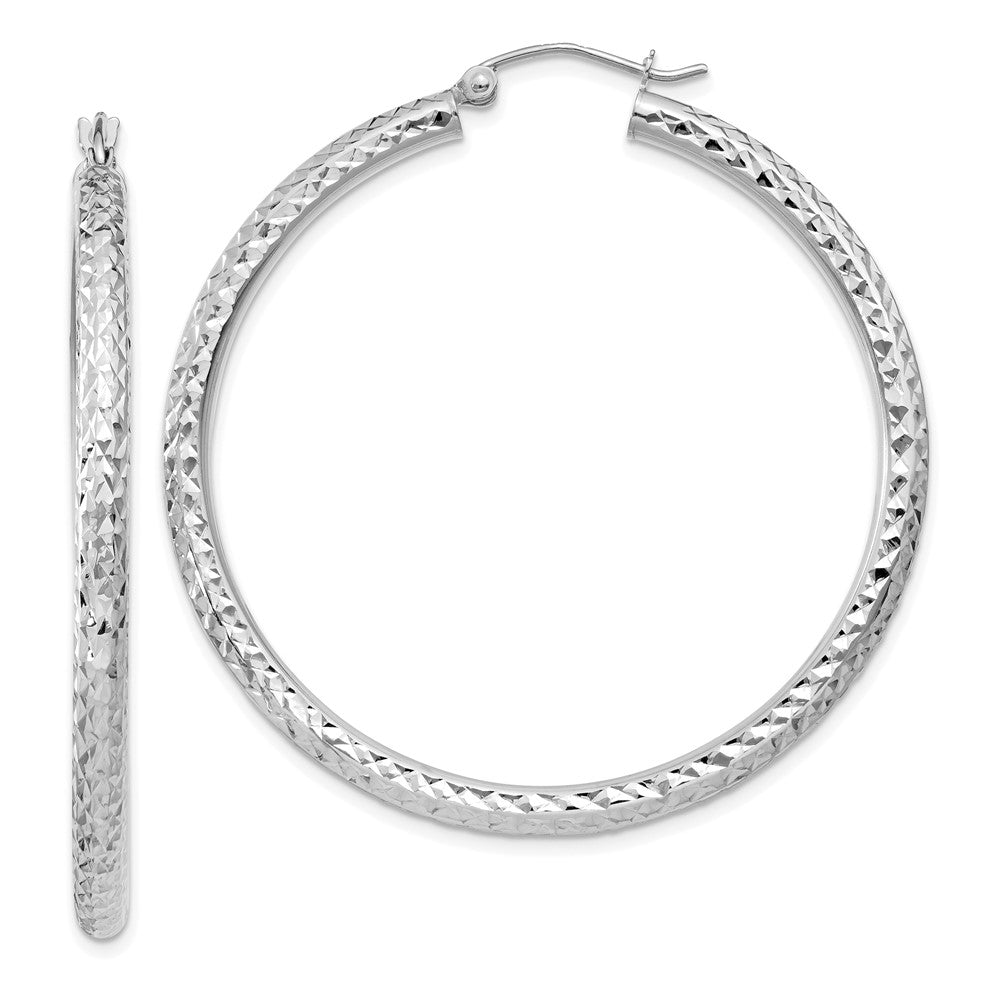 10k White Gold Diamond-cut 3mm Round Hoop Earrings, 45 x 3 mm