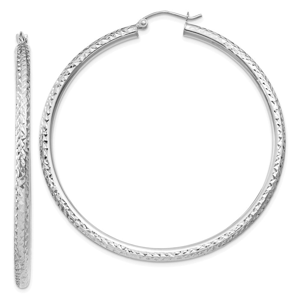 10k White Gold Diamond-cut 3mm Round Hoop Earrings, 55 x 3 mm