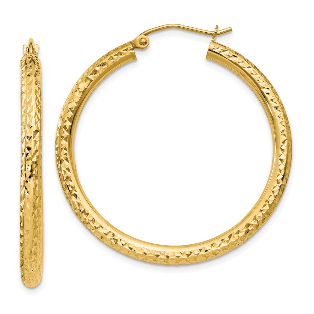 10k Diamond-cut 3mm Round Hoop Earrings, 35 x 3 mm