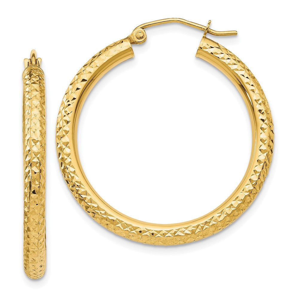 10k Diamond-cut 3mm Round Hoop Earrings, 30 x 3 mm