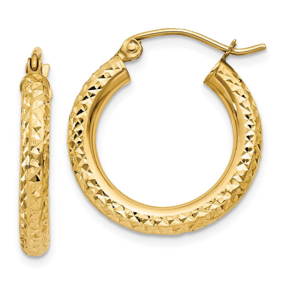 10k Diamond-cut 3mm Round Hoop Earrings, 20 x 3 mm
