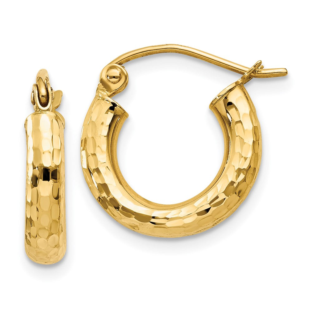 10k Diamond-cut 3mm Round Hoop Earrings, 13 x 3 mm