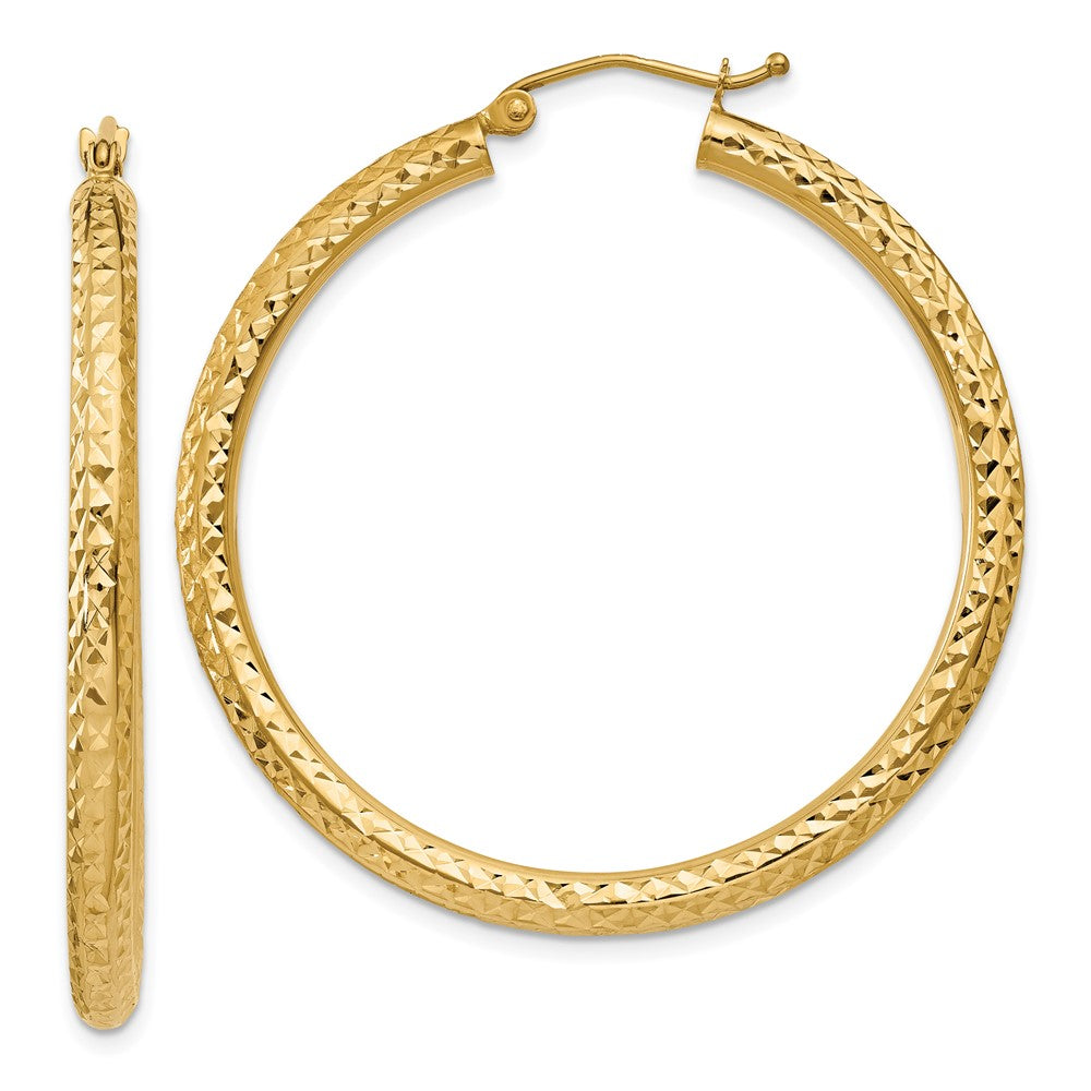 10k Diamond-cut 3mm Round Hoop Earrings, 40 x 3 mm