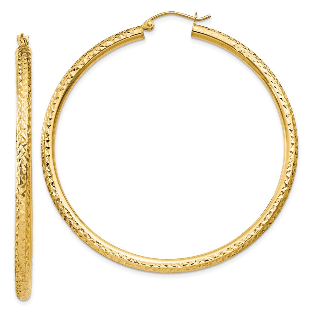 10k Diamond-cut 3mm Round Hoop Earrings, 55 x 3 mm
