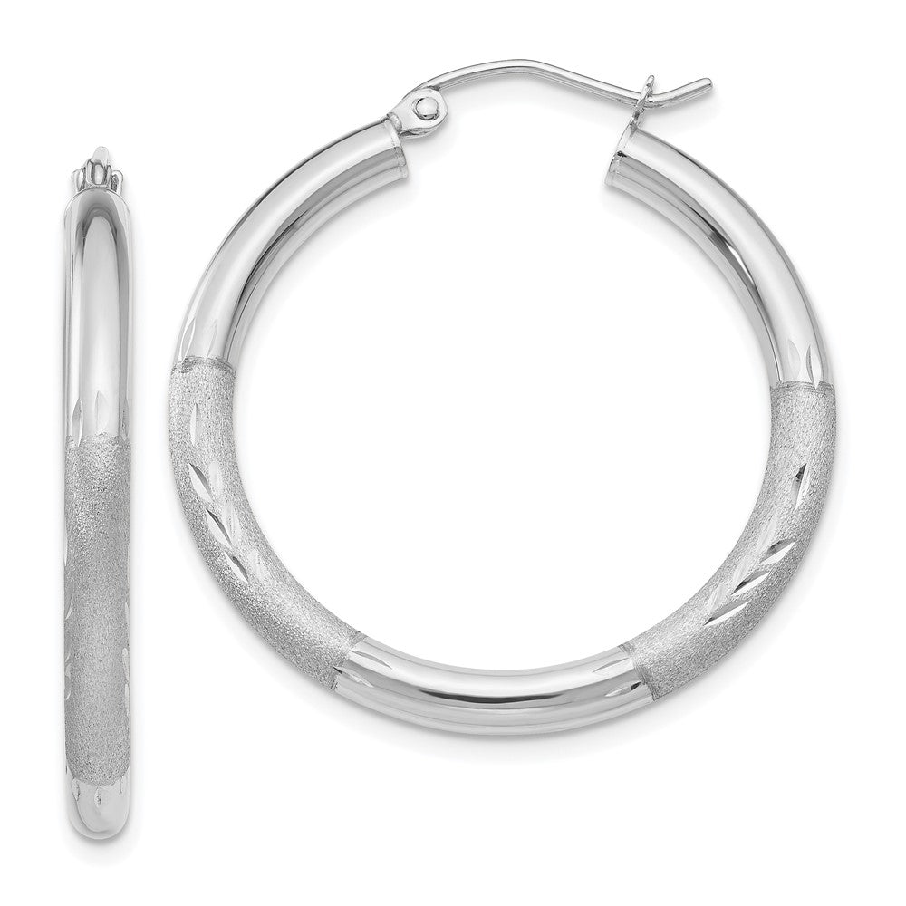 10k White Gold Satin & Diamond-cut 3mm Round Hoop Earrings, 25 x 3 mm