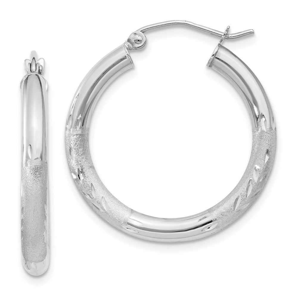 10k White Gold Satin & Diamond-cut 3mm Round Hoop Earrings, 20 x 3 mm