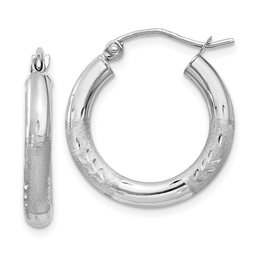 10k White Gold Satin & Diamond-cut 3mm Round Hoop Earrings, 15 x 3 mm