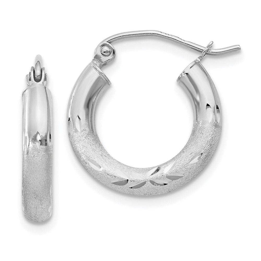 10k White Gold Satin & Diamond-cut 3mm Round Hoop Earrings, 10 x 3 mm