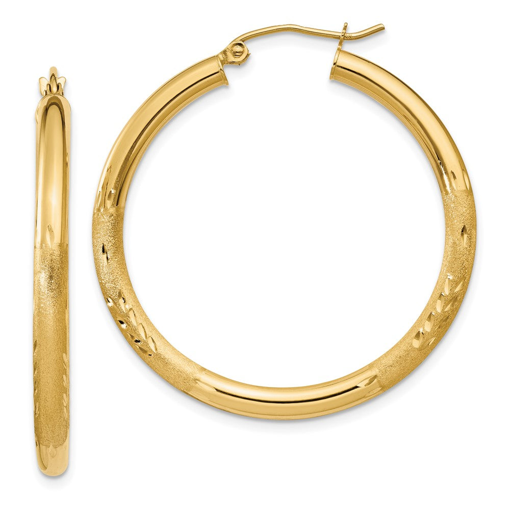 10k Satin & Diamond-cut 3mm Round Hoop Earrings, 35 x 3 mm