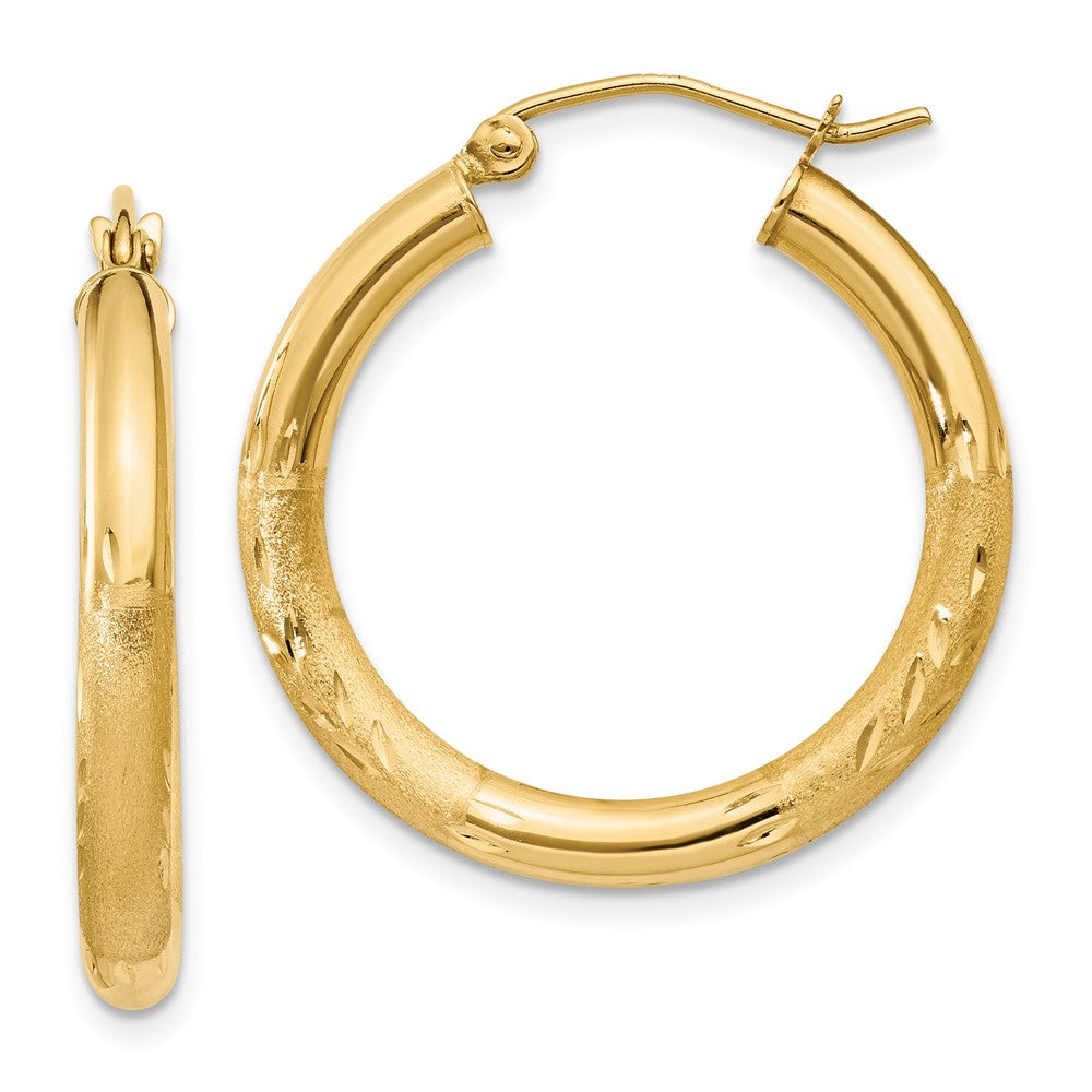 10k Satin & Diamond-cut 3mm Round Hoop Earrings, 25 x 3 mm